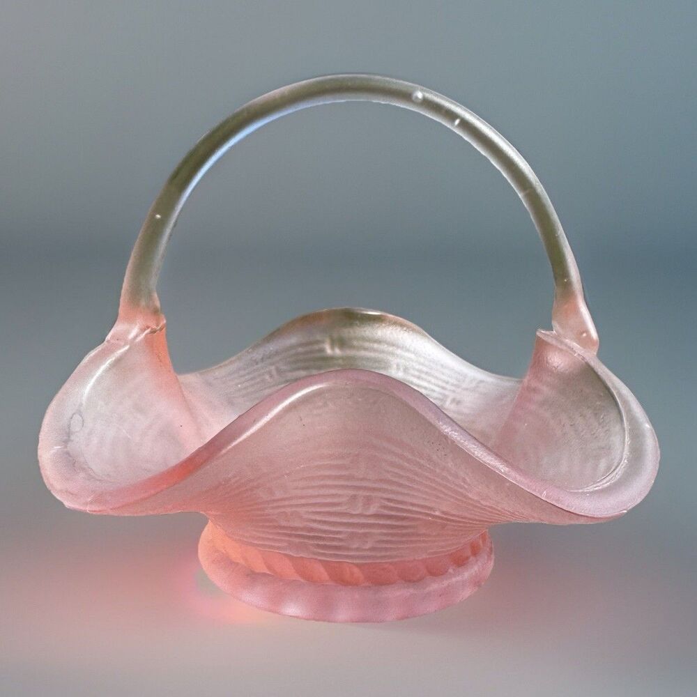 VTG Pink Frosted Satin Glass Basket Weave Small Candy Nut Dish 4.5" W